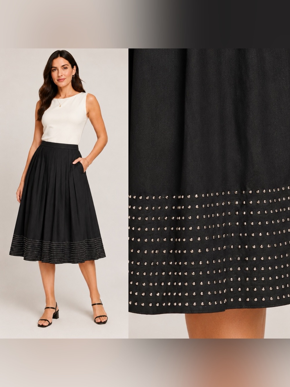 Talbots Black Pleated Cotton Midi Skirt beaded Hem Size 12P Petite
